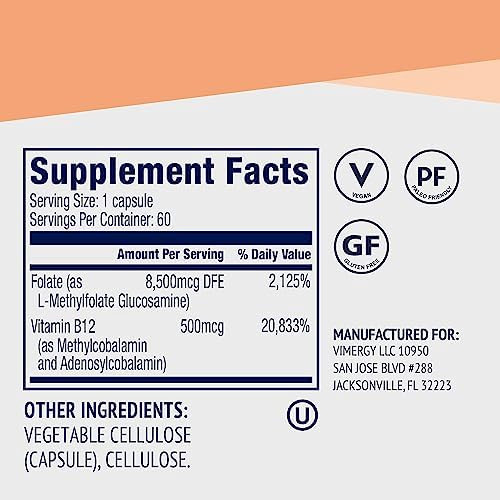 Vimergy 5 MTHF Capsules  8,500 mcg L Methylfolate  Vitamin B12  60 Vegan Capsules