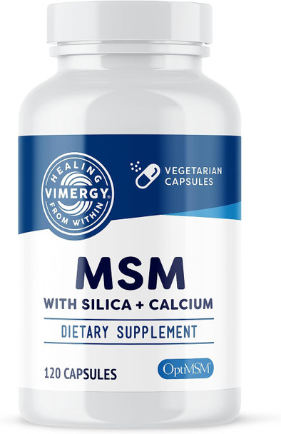 Vimergy MSM with Silica + Calcium Capsules 120 Servings  Supports Bone Health  Promotes Hair and  Nail Health  Non-GMO Gluten Free  Kosher Soy Free Corn Free Vegan and  Paleo Friendly