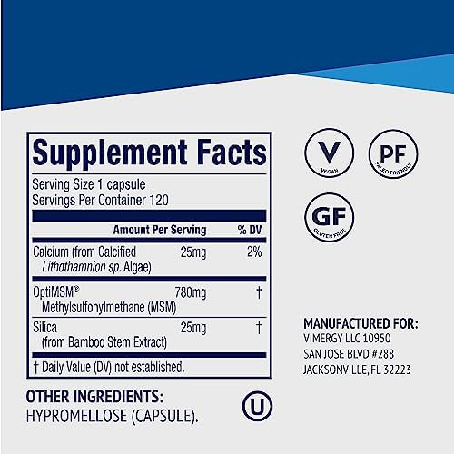Vimergy MSM with Silica + Calcium Capsules 120 Servings  Supports Bone Health  Promotes Hair and  Nail Health  Non-GMO Gluten Free  Kosher Soy Free Corn Free Vegan and  Paleo Friendly