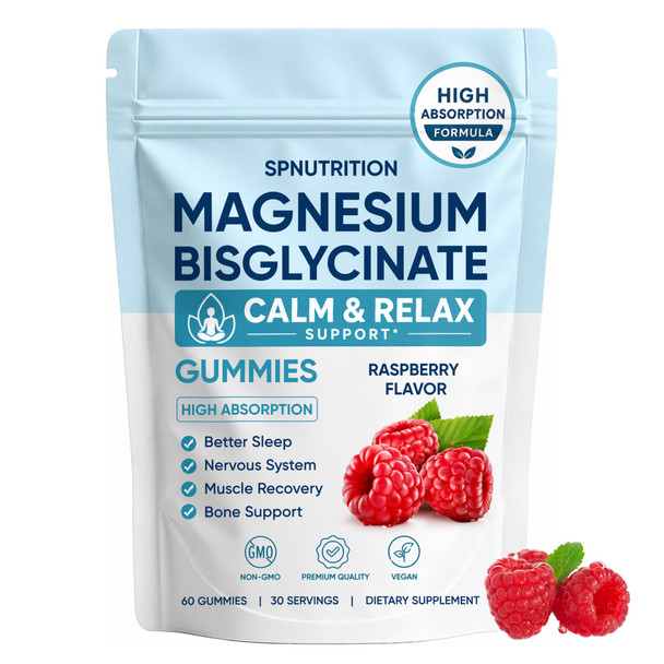 SPNUTRITION Magnesium Bisglycinate Gummies 400mg Magnesium Bisglycinate Chelate with Sea Salt & Raspberry Powder Supports Sleep Nerve & Muscle Relaxation Bone Health Support Vegan 60 Gummies (1)