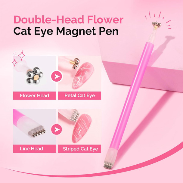 MelodySusie Nail Magnet Pink Set, Cat Eye Gel Nail Polish Magnets 2PCS, Double-head Magnet Wand with Round Magnet Bead and Magnetic Pen, Nail Design Tools for Salon and DIY at Home