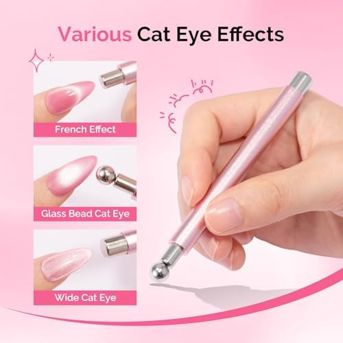 MelodySusie Nail Magnet Pink Set, Cat Eye Gel Nail Polish Magnets 2PCS, Double-head Magnet Wand with Round Magnet Bead and Magnetic Pen, Nail Design Tools for Salon and DIY at Home