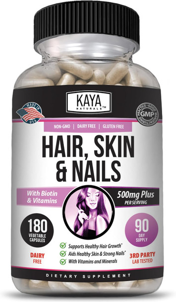 Kaya Naturals Hair Skin Nail Capsules BIOTIN Vitamin D Vitamin B-12 A Folic Acid Support, Hair Support Vitamin Supplement