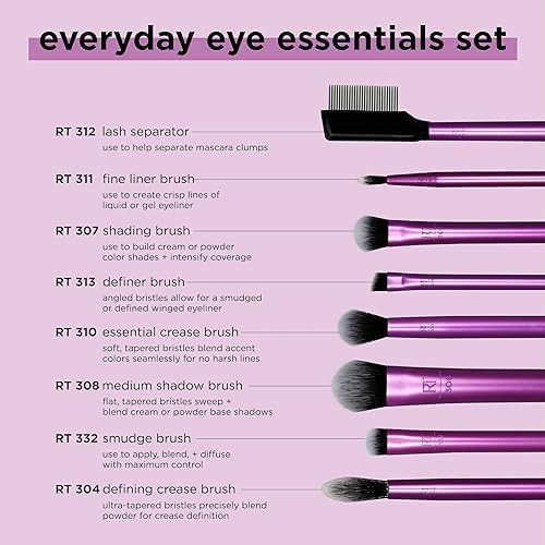 Real Techniques Everyday Eye Essentials Makeup Brush Set Eye Brushes for Eye Liner Eyeshadow Brows and  Lashes Travel Friendly Gift Set Synthetic Bristles Cruelty Free and  Vegan