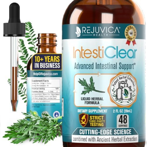 Rejuvica Health IntestiClear - Advanced Intestinal Support Supplement - Liquid Delivery for Better Absorption - Wormwood, Cloves, Black Walnut, Garlic & More! - 2 Fl Oz