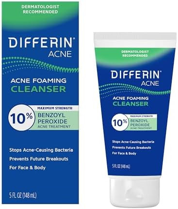 Differin Acne Face Wash with 10% Benzoyl Peroxide, Maximum Strength OTC Acne Foaming Cleanser, Fast Acting Acne Treatment for Face and Body, 5 oz.