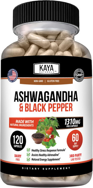 Kaya Naturals Ashwagandha 1300mg, Stress Relief, Adrenal, Mood & Thyroid Support, Black Pepper, 100% Pure Ashwagandha