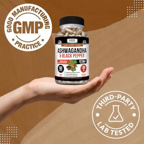 Kaya Naturals Ashwagandha 1300mg, Stress Relief, Adrenal, Mood & Thyroid Support, Black Pepper, 100% Pure Ashwagandha