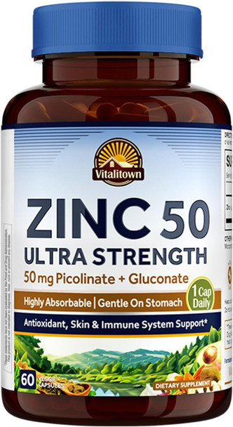 Vitalitown Chelated Zinc 50 mg, Zinc Picolinate & Gluconate, Well-Absorbed, Immune System, Healthy Skin & Development, Vegan, NO Gluten, Non-GMO