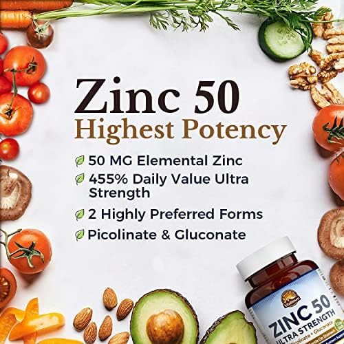 Vitalitown Chelated Zinc 50 mg, Zinc Picolinate & Gluconate, Well-Absorbed, Immune System, Healthy Skin & Development, Vegan, NO Gluten, Non-GMO