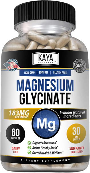 Kaya Naturals Magnesium Glycinate 183mg per Caps, Chelated for Maximum Absorption, Non-GMO, NO Gluten Dairy & Soy, Supports Muscle and Heart Health