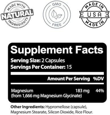 Kaya Naturals Magnesium Glycinate 183mg per Caps, Chelated for Maximum Absorption, Non-GMO, NO Gluten Dairy & Soy, Supports Muscle and Heart Health