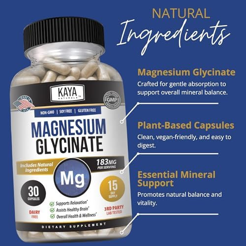 Kaya Naturals Magnesium Glycinate 183mg per Caps, Chelated for Maximum Absorption, Non-GMO, NO Gluten Dairy & Soy, Supports Muscle and Heart Health