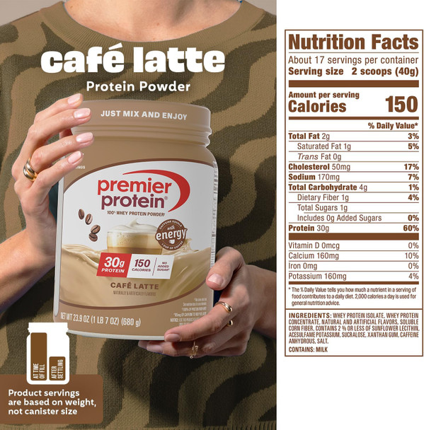 Premier Protein Powder, Café Latte, 100% Whey, 30g High Protein, 17 Serving