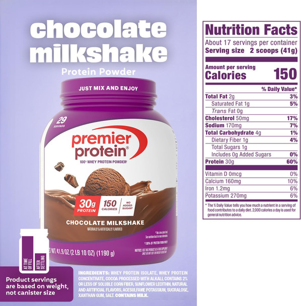 Premier Protein Powder, Chocolate, 100% Whey, 30g High Protein, 17 Servings