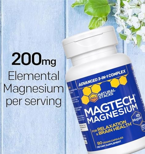 NATURAL STACKS MagTech Magnesium Complex for Women & Men - 3 Forms of Magnesium: Glycinate, Magtein L-Threonate & Taurate - 200mg Chelated Complex - Support for Relaxation & Brain Health