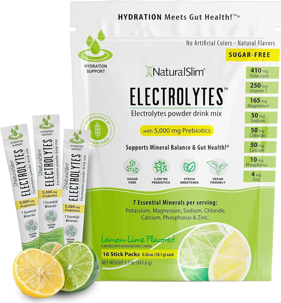 NaturalSlim Hydration & Energy Drink Mix with Prebiotics, Gut Health Support, Sugar-Free Electrolytes Powder Packets