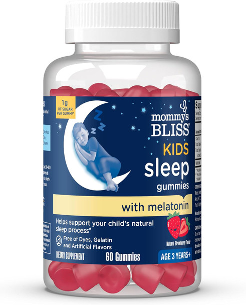 Mommy's Bliss Kids Sleep Melatonin Gummies, Non Habit-Forming with No Artificial Colors, Flavors or Gelatin - Age 3 Years+ - Strawberry Flavor