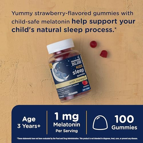 Mommy's Bliss Kids Sleep Melatonin Gummies, Non Habit-Forming with No Artificial Colors, Flavors or Gelatin - Age 3 Years+ - Strawberry Flavor
