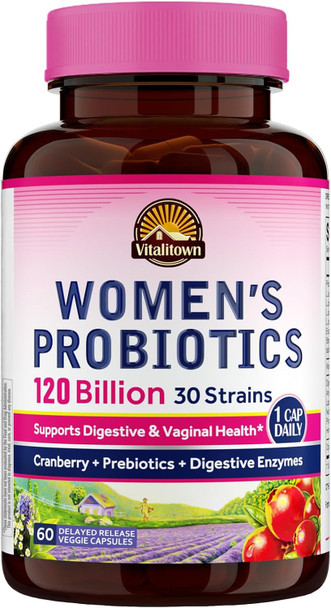 Vitalitown Probiotics for Women 120 Billion CFUs, 30 Strains, with Prebiotics & Digestive Enzymes & Cranberry, Gut & Vaginal Health, Delayed Release Caps