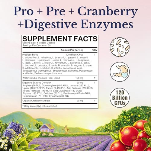 Vitalitown Probiotics for Women 120 Billion CFUs, 30 Strains, with Prebiotics & Digestive Enzymes & Cranberry, Gut & Vaginal Health, Delayed Release Caps