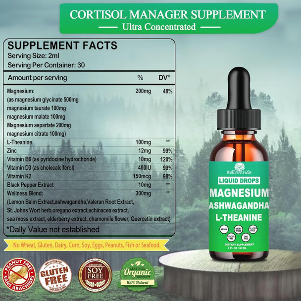 Cortisol Supplements for Women and Men Cortisol Calm Detox Manager Reducer w. Magnesium Ksm-66 Ashwagandha L-Theanine Vitmain D3 K2 B6 Cortisol Liquid Drop for Recess Mood and Hormone Balance Lemonade