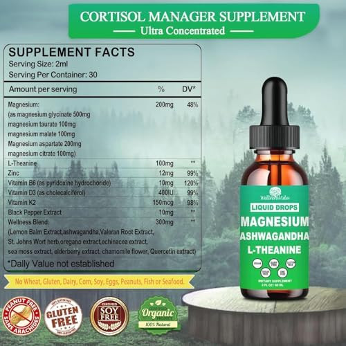 Cortisol Supplements for Women and Men Cortisol Calm Detox Manager Reducer w. Magnesium Ksm-66 Ashwagandha L-Theanine Vitmain D3 K2 B6 Cortisol Liquid Drop for Recess Mood and Hormone Balance Lemonade