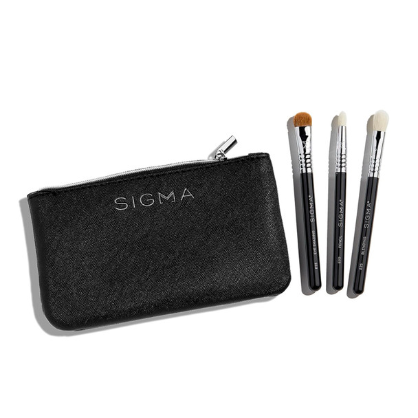 Sigma Beauty Glam N Glow Mini Eye Makeup Brush Set  Set of 3 Eye Makeup Brushes for Blending Shading Lining, and Smudging Includes Stylish Black Small Makeup Bag 4 Pcs