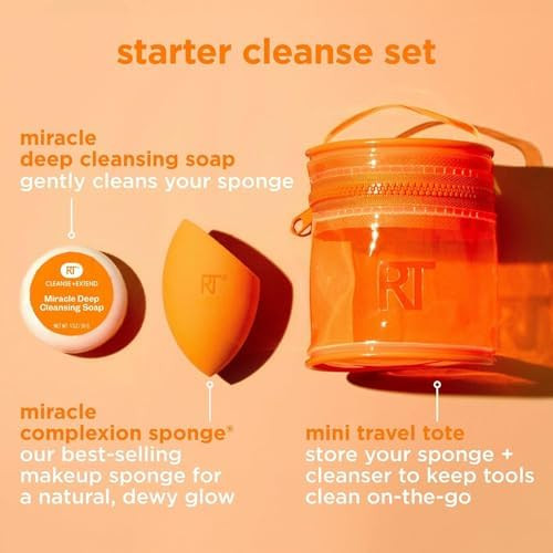 Real Techniques Miracle Blend + Cleanse 3 Piece Set Makeup Sponge For Blending Foundation and Solid Soap For Deep Cleaning Sponges Includes Travel Storage Tote Cruelty Free and Latex Free