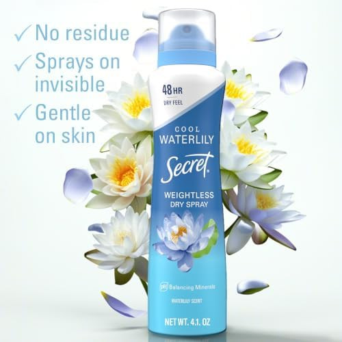 Secret Dry Spray Antiperspirant Deodorant for Women 48hr Weightless Sweat and  Odor Protection Gentle on Skin Waterlily and  Argan Oil Scent