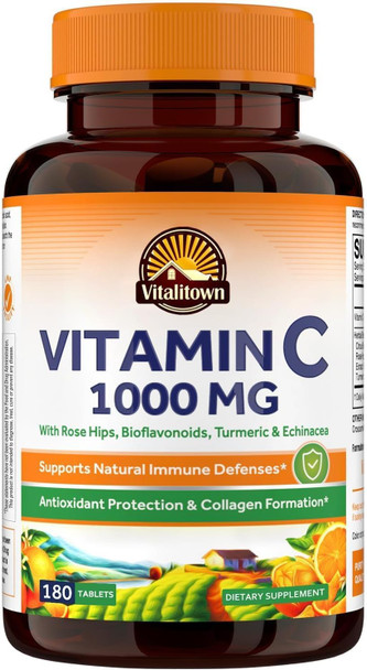 Vitalitown Vitamin C Complex 1000mg with Rose HIPS, Bioflavonoids, Turmeric & Echinacea, Daily Immune Support, Collagen Booster & Powerful Antioxidant, Vegan