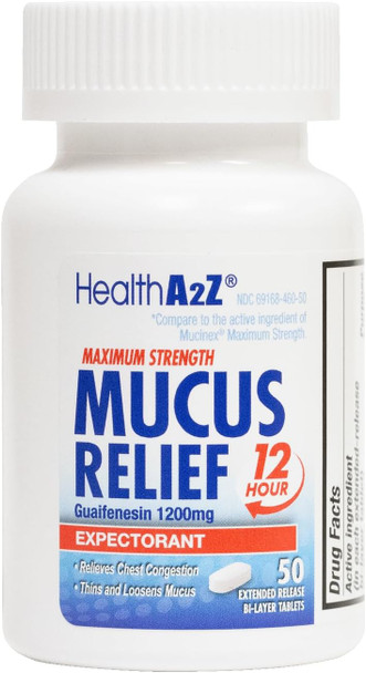 HealthA2Z® Mucus Relief | Guaifenesin 1200 mg | 50 Tablets | 12 Hour | Expectorant | Relieves Chest Congestion | Thins and Loosens Mucus