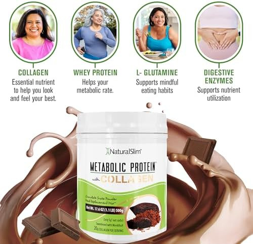NaturalSlim Metabolic Protein Powder with Collagen | Hydrolyzed Collagen & L-Glutamine | Metabolic Support, Digestion, Skin & Connective Tissue | Low Carb Meal Replacement | 17.06 oz
