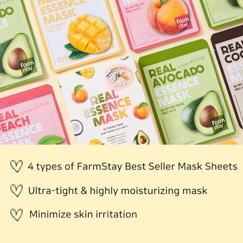 Farmstay Real Essence Facial Sheet 12Pack Korean Skincare Mask ComboHypoallergenicMoisturizingNourishingVitalizing Refreshing.12 Ea 0.78 Fl.Oz 12Pack