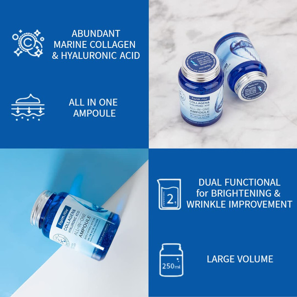 Farmstay Collagen And Hyaluronic Acid AllInOne Ampoule Face Serum Reduces Fine Lines 8.45 Oz