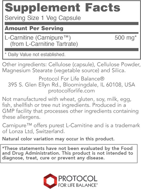 L-Carnitine 500 Mg 60 Caps By Protocol For Life Balance