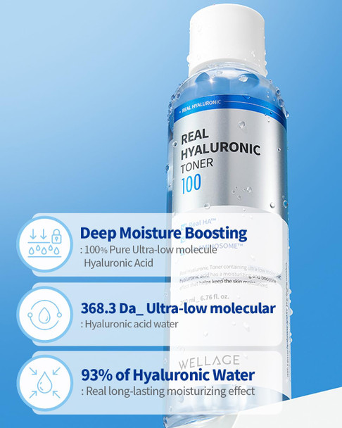 Wellage Real Hyaluronic Toner 100 For Face Korean Beauty Toner 93% Hyaluronic 6.76 Fl.Oz