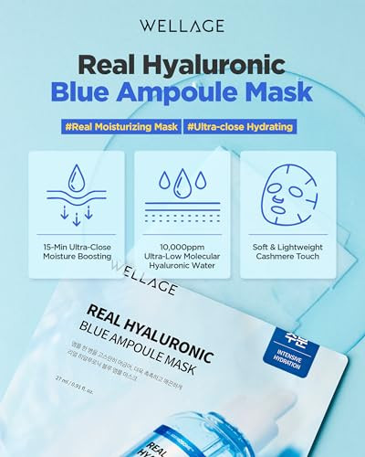 Wellage Real Hyaluronic Blue Ampoule Face Mask Korean Hydrating Sheet Mask For 5 Sheets