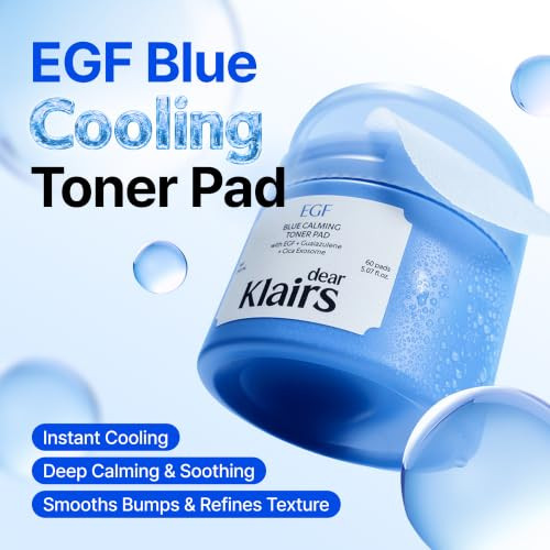 Dearklairs Egf Blue Calming Toner Pad Cooling and Redness Relief Guaiazulene Cica 5.07 Fl Oz 60 Pads