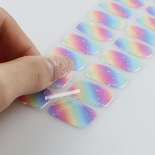 Jmeowio Gel Nail Stickers Rainbow Glitter Semi Cured Gel Nail Strips Wraps