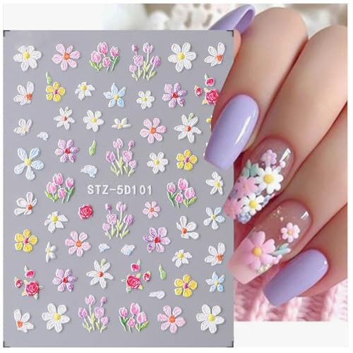 Jmeowio 3D Embossed Flower Nail Art Stickers Decals SelfAdhesive 5D Spring Summer 4 Sheets