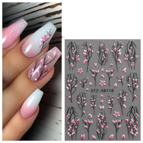 Jmeowio 3D Embossed Flower Nail Art Stickers Decals SelfAdhesive 5D Spring Summer 4 Sheets