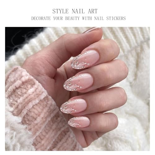 Jmeowio Gel Nail Stickers Glitter Light Pink Cured Gel Nail Strips Wraps