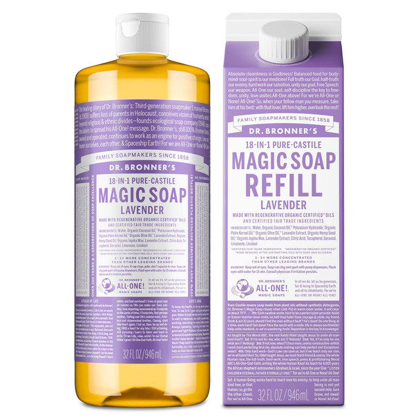Dr. BronnerS PureCastile Liquid Magic Soap Bottle and Refill Carton Made With Regenerative 32 Oz