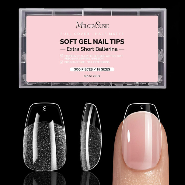 Melodysusie Short Almond X Nail Tips 15 Sizes Clear AcrylicHalf Matte Full 300Pcs