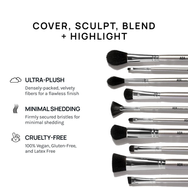 Aoa Studio Silver Brush Set Professional Set Foundation Blending Blush Powder Kabuki Brushes 10Piece