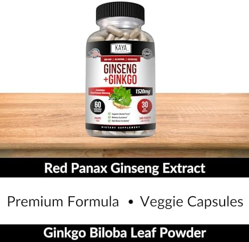 Kaya Naturals Red Panax Ginseng + Ginkgo Biloba - Nootropic Brain Supplement - Cognitive and Concentration Support - Brain Booster, Focus, and Memory Supplement
