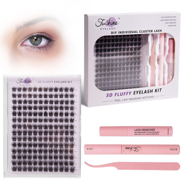 Fenshine Cluster Lashes Individual Lashes Wide Stem C D Curl 9-15mm Length DIY Eyelash Extension Individual Soft False Lashes for Personal Use at Home (144pcs Mix 9-15MM Eyelash Extension Kit)