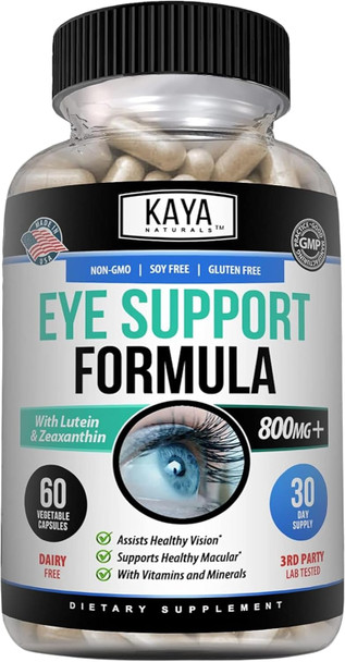 Kaya Naturals Eye Health Supplement - Lutein & Zeaxanthin - Supports Eye Strain, Dry Eyes, and Vision Health - Clinically Proven Ingredients 800mg Vitamin Supplement
