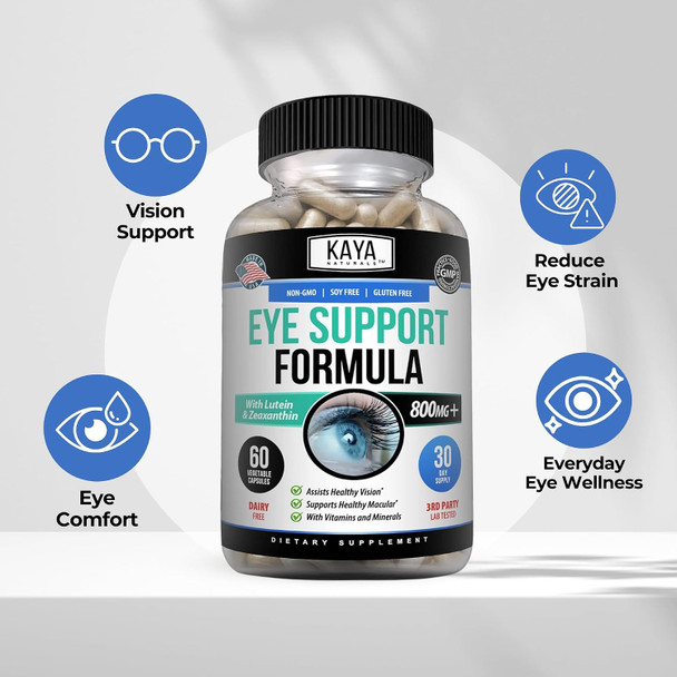Kaya Naturals Eye Health Supplement - Lutein & Zeaxanthin - Supports Eye Strain, Dry Eyes, and Vision Health - Clinically Proven Ingredients 800mg Vitamin Supplement